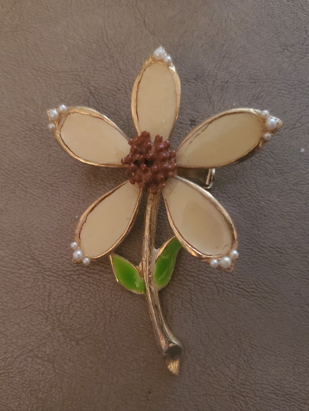 Cream Enamel Flower Brooch with Green Leaves and Pearl Accents